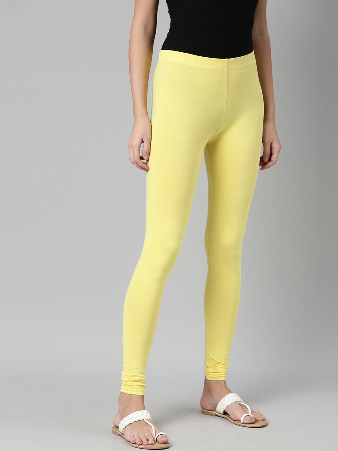 Souchii Yellow Solid Slim-Fit Churidar-Length Leggings | Grocsy