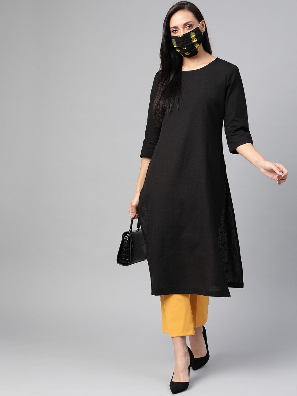 HERE&NOW Women Black Solid Straight Kurta | Grocsy