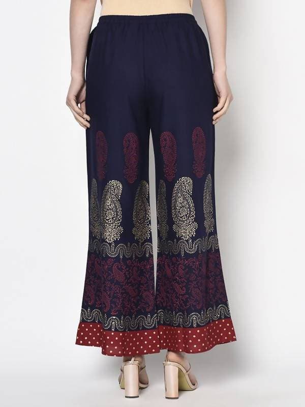 Aniyah Rayon Navy Blue Color Block Print Flared Slip-On Palazzo (AN-178K) | Grocsy