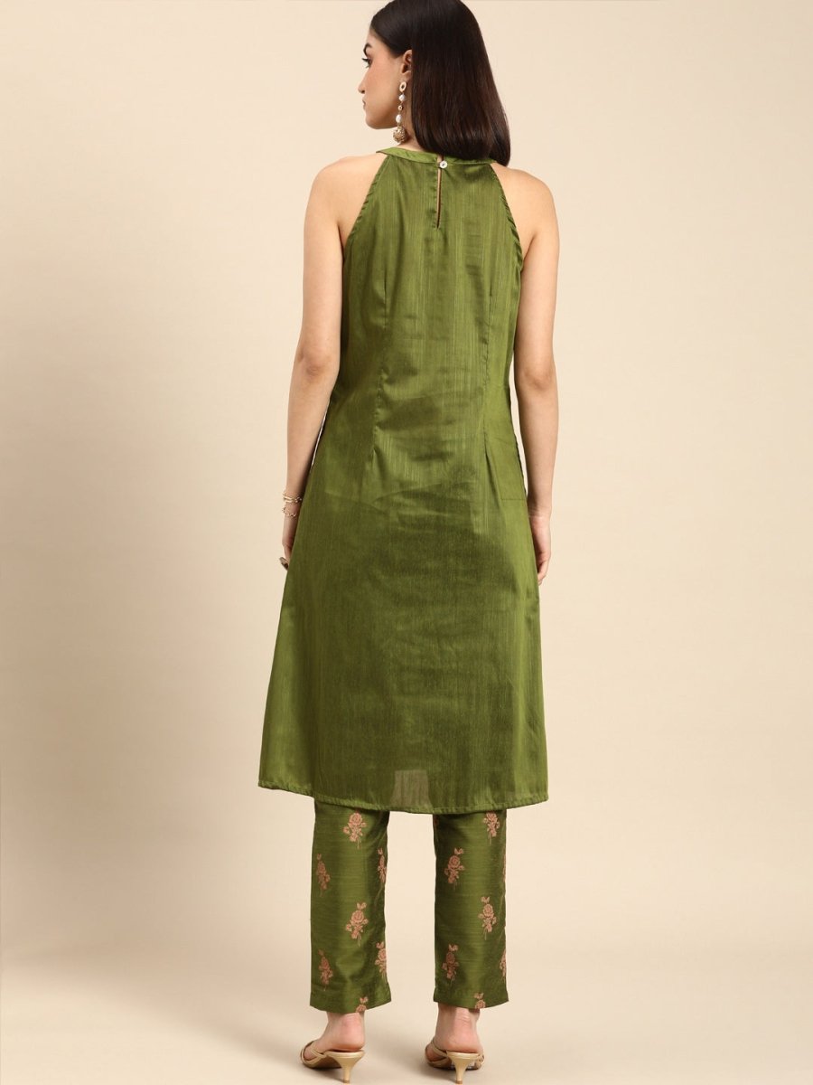 All About You Women Green Floral Print Embroidered Regular Kurta with Trousers | Grocsy