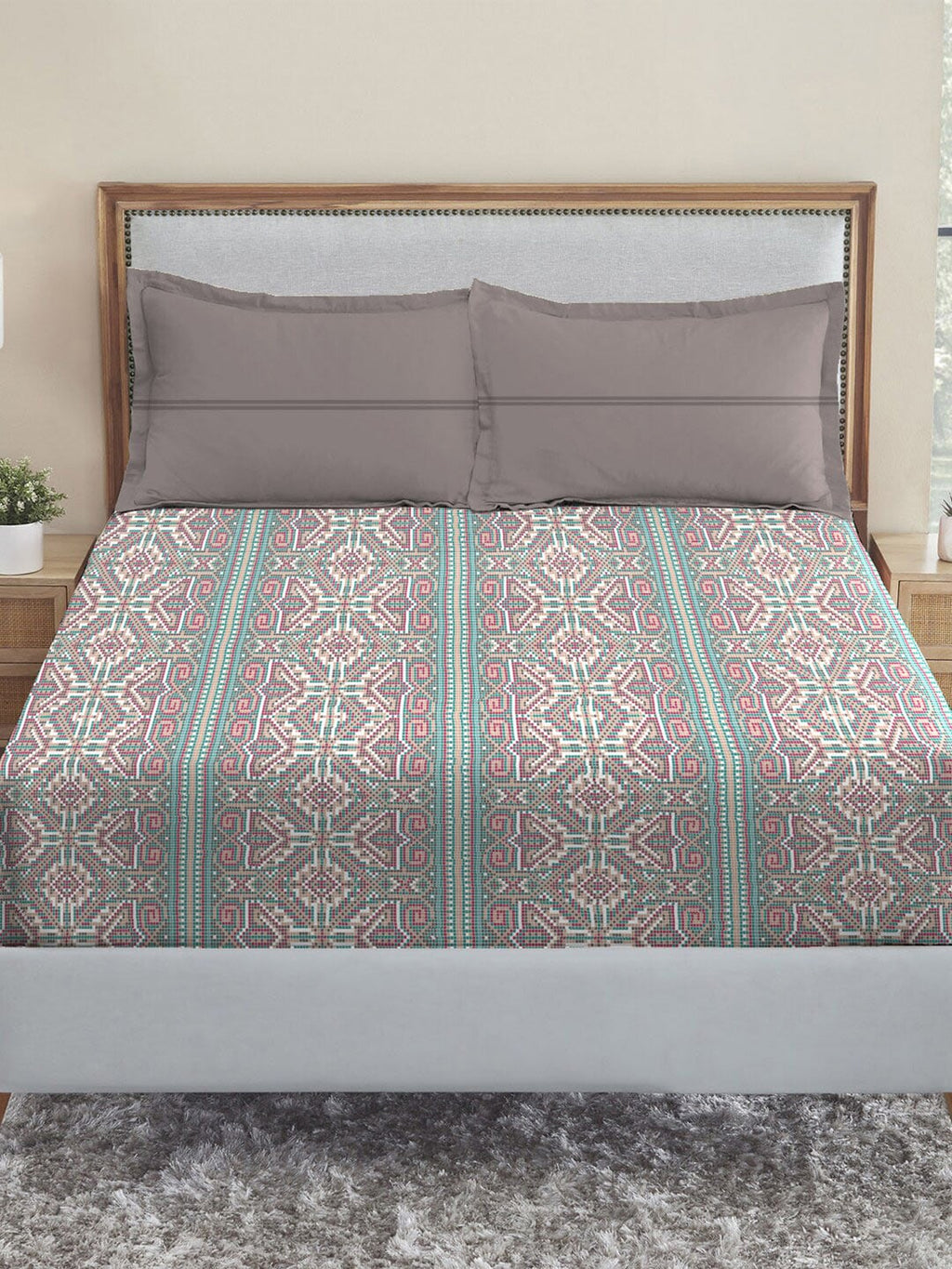 MYTRIDENT Dusk and Dawn Brown Printed Pure Cotton 144 TC Queen Bedsheet Pillow Covers | Grocsy