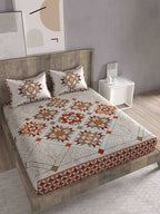 Spangle Red & Orange Ethnic Motifs 260 TC King Bedsheet with 2 Pillow Covers | Grocsy