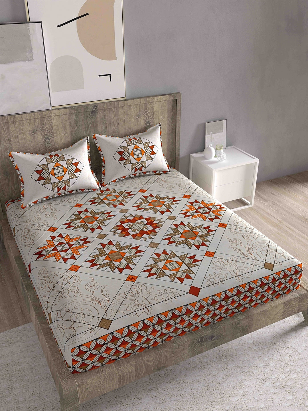 Spangle Red & Orange Ethnic Motifs 260 TC King Bedsheet with 2 Pillow Covers | Grocsy