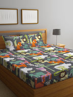 KLOTTHE Grey & Orange Cartoon Character Printed 300 TC King Bedsheet With 2 Pillow covers | Grocsy