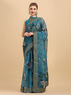 Sangria Teal & White Floral Embroidered Organza Saree | Grocsy