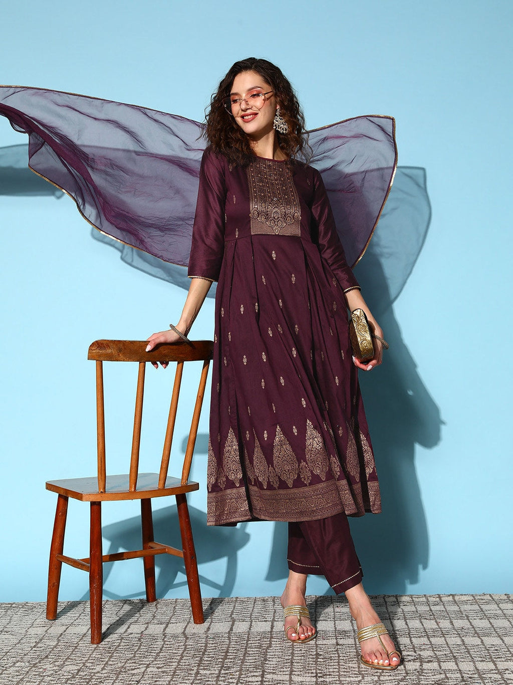Sangria Ethnic Motifs Yoke Design Pleated Chanderi Silk Kurta with Trousers & Dupatta | Grocsy