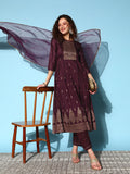 Sangria Ethnic Motifs Yoke Design Pleated Chanderi Silk Kurta with Trousers & Dupatta | Grocsy