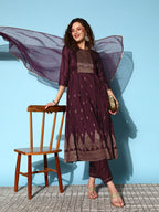 Sangria Ethnic Motifs Yoke Design Pleated Chanderi Silk Kurta with Trousers & Dupatta | Grocsy