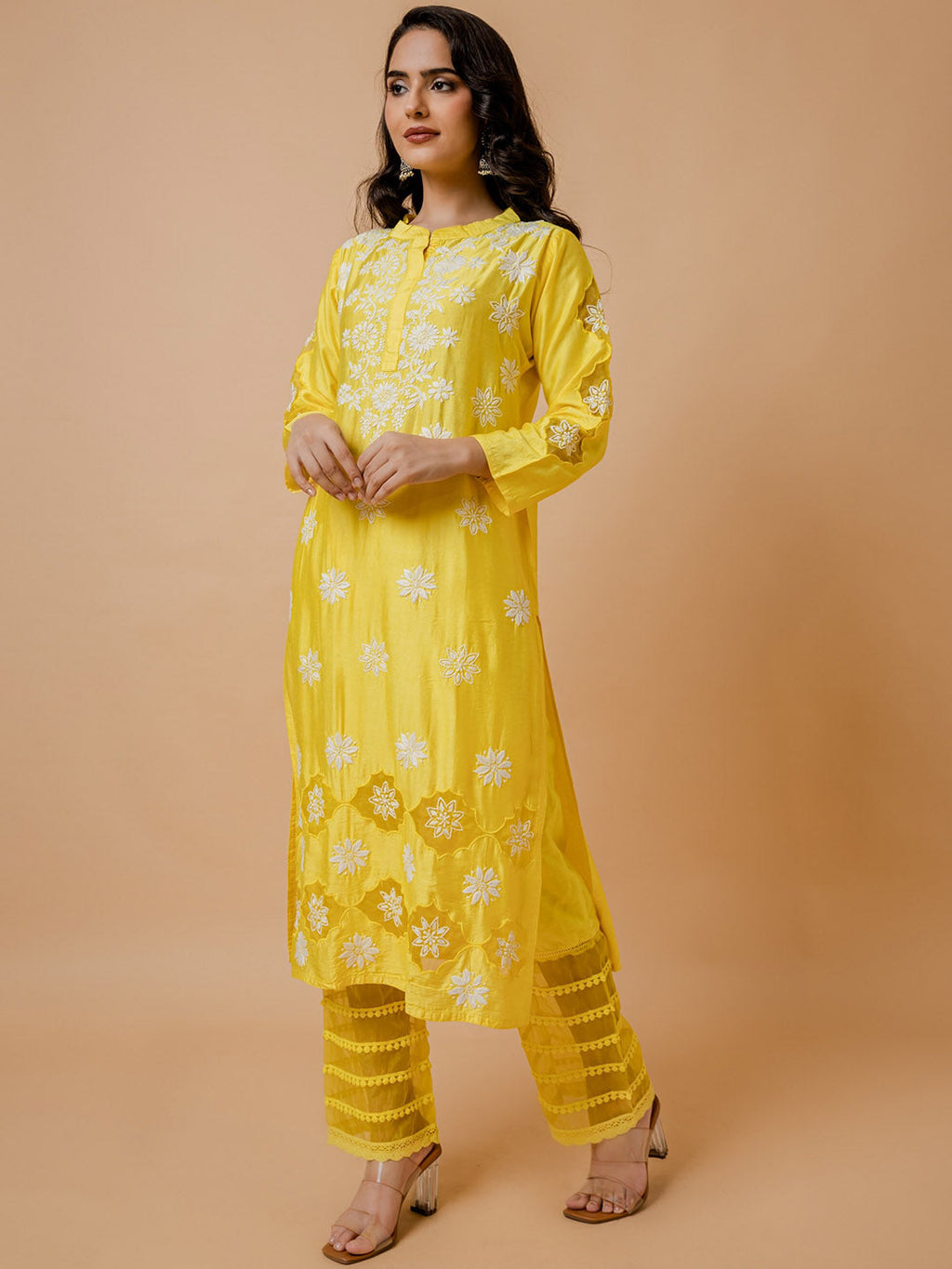 HOUSE OF KARI Floral Embroidered Chanderi Silk Chikankari Kurta | Grocsy