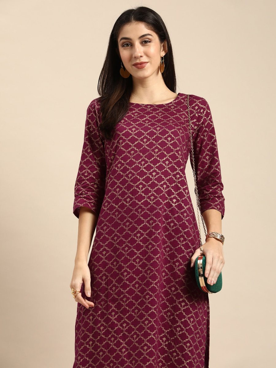 All About You Women Maroon Woven Design Pure Cotton Kurta with Trousers | Grocsy