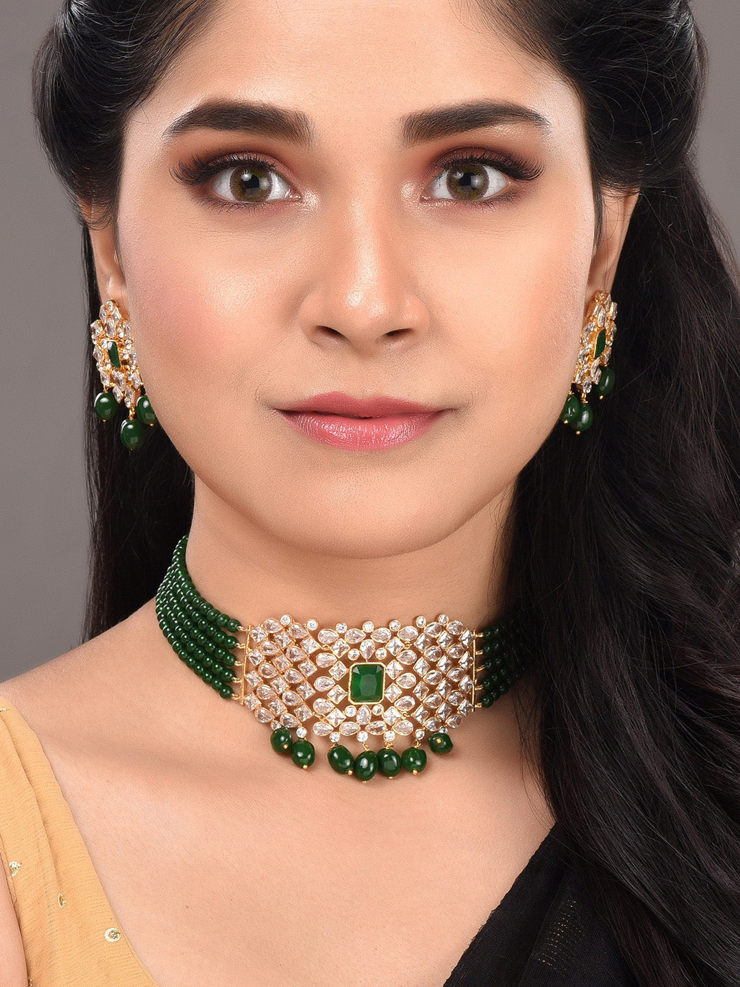 Saraf RS Jewellery Gold-Polished White & Green American Diamond Studded Choker Jewellery Set | Grocsy