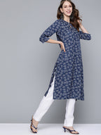HERE&NOW Women Navy Blue & White Ethnic Motifs Printed Keyhole Neck Kurta | Grocsy