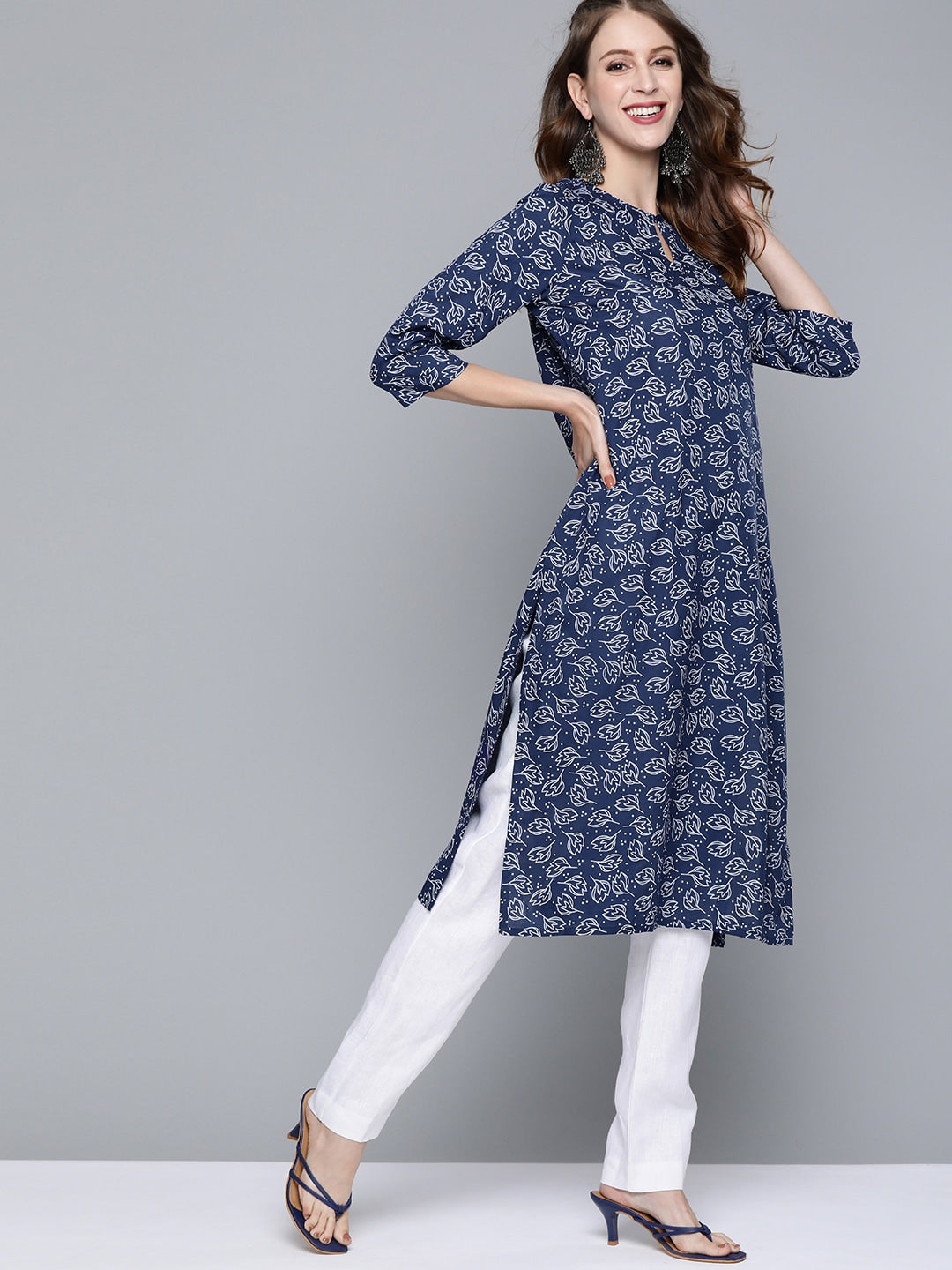 HERE&NOW Women Navy Blue & White Ethnic Motifs Printed Keyhole Neck Kurta | Grocsy