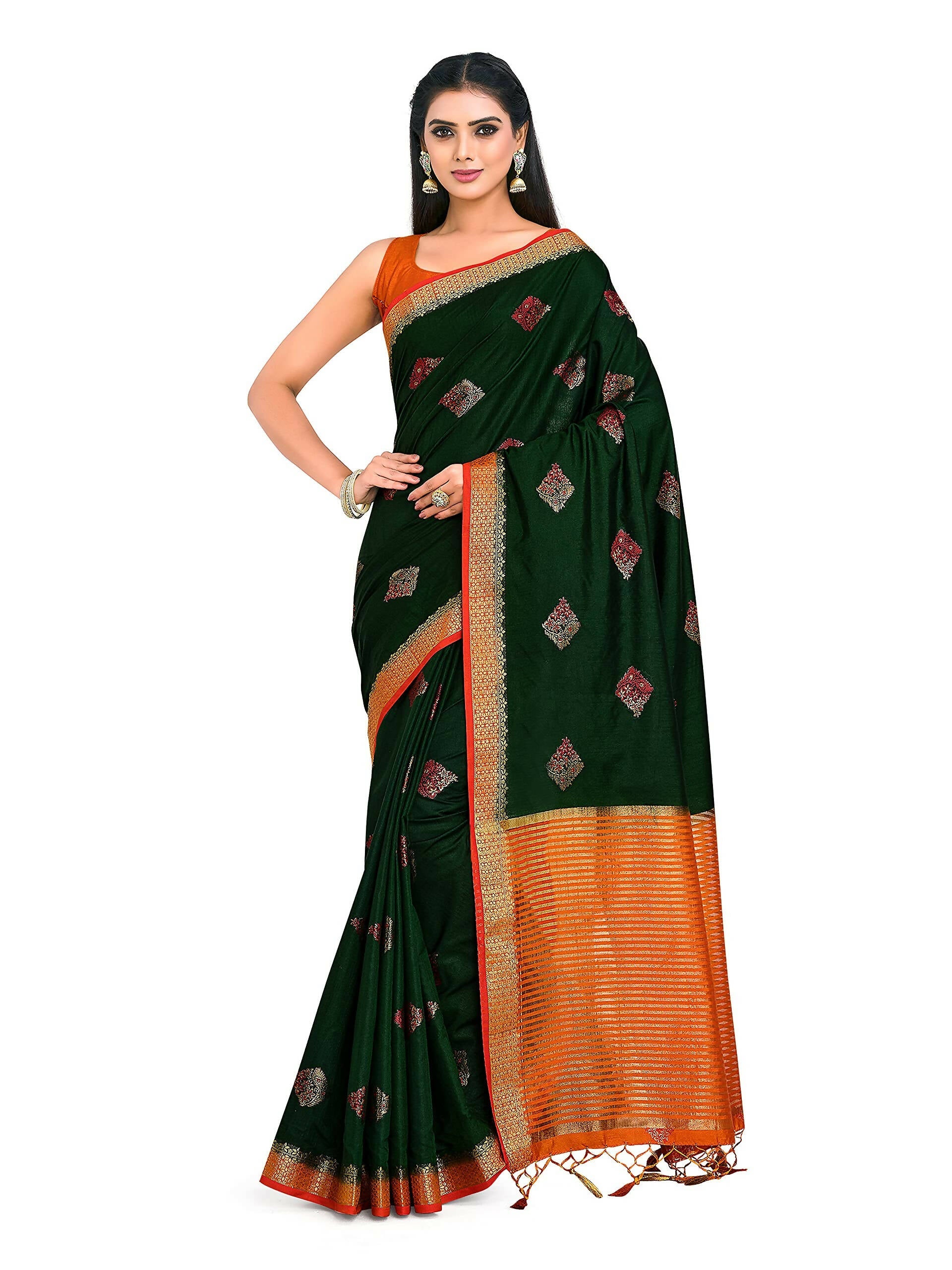 Mimosa Women's Kanchipuram Art Silk Green Saree | Grocsy
