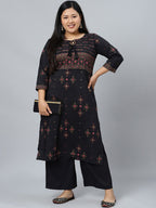 Sztori Plus Size Black Printed Keyhole Neck Straight Kurta with Palazzos | Grocsy