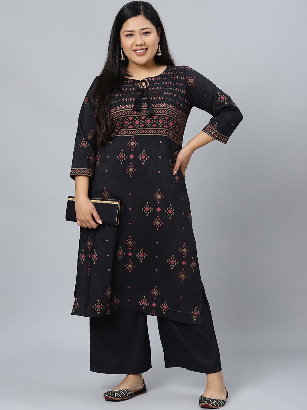 Sztori Plus Size Black Printed Keyhole Neck Straight Kurta with Palazzos | Grocsy