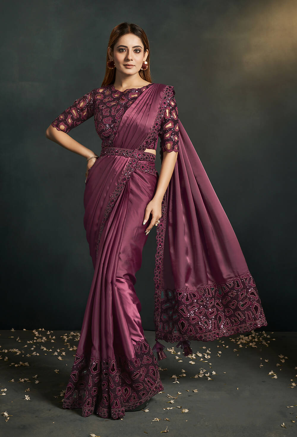 Maroon Silk Crepe Satin Cord Sequence & Thread Embroidered Saree - Moh-Manthan Royal Enigma | Grocsy