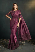 Maroon Silk Crepe Satin Cord Sequence & Thread Embroidered Saree - Moh-Manthan Royal Enigma | Grocsy