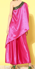 InWeave Women's Pink Green Brocade Satin Oneshoulder Kurta Set | Grocsy
