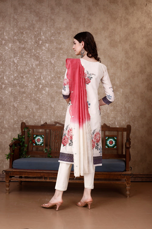 Hand Embroidered & Floral Printed Kurta With Pant & Dupatta Luxury, Multicolor - Hiral Fashion | Grocsy