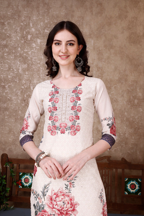 Hand Embroidered & Floral Printed Kurta With Pant & Dupatta Luxury, Multicolor - Hiral Fashion | Grocsy