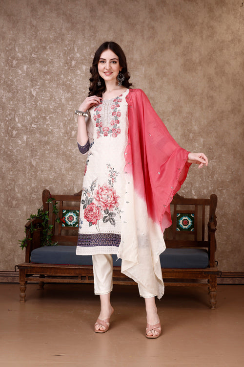 Hand Embroidered & Floral Printed Kurta With Pant & Dupatta Luxury, Multicolor - Hiral Fashion | Grocsy