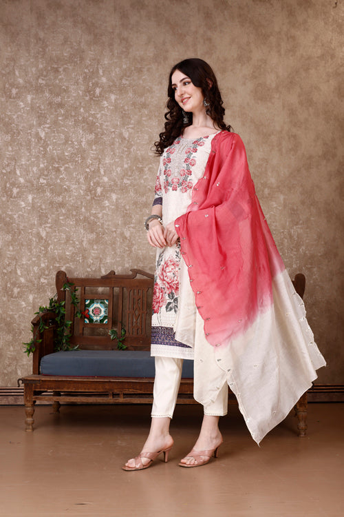 Hand Embroidered & Floral Printed Kurta With Pant & Dupatta Luxury, Multicolor - Hiral Fashion | Grocsy