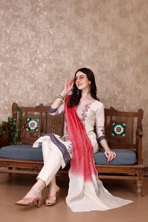 Hand Embroidered & Floral Printed Kurta With Pant & Dupatta Luxury, Multicolor - Hiral Fashion | Grocsy