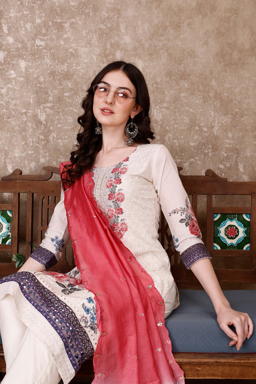 Hand Embroidered & Floral Printed Kurta With Pant & Dupatta Luxury, Multicolor - Hiral Fashion | Grocsy