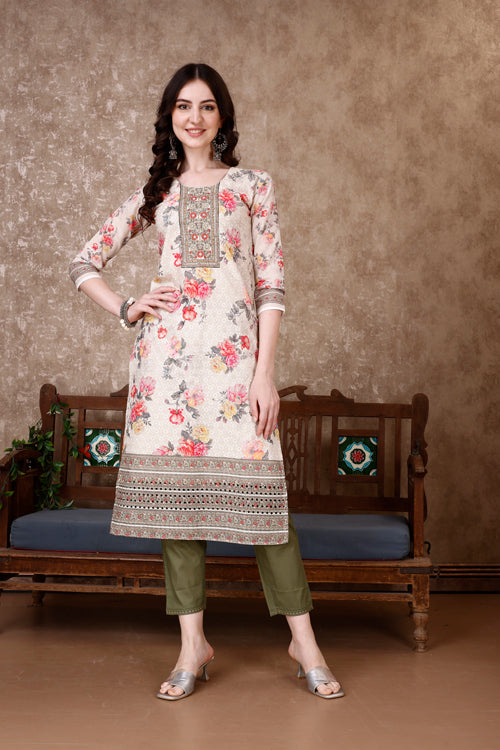 Hand Embroidered & Floral Printed Kurta With Pant & Dupatta Luxury, Multicolor - Hiral Fashion | Grocsy