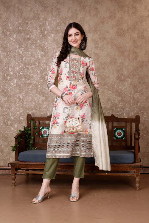Hand Embroidered & Floral Printed Kurta With Pant & Dupatta Luxury, Multicolor - Hiral Fashion | Grocsy