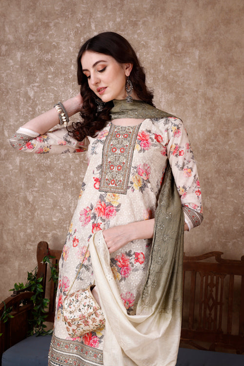 Hand Embroidered & Floral Printed Kurta With Pant & Dupatta Luxury, Multicolor - Hiral Fashion | Grocsy