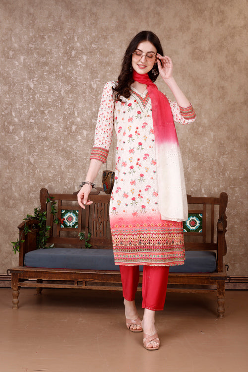 Hand Embroidered & Floral Printed Kurta With Pant & Dupatta Luxury, Multicolor - Hiral Fashion | Grocsy