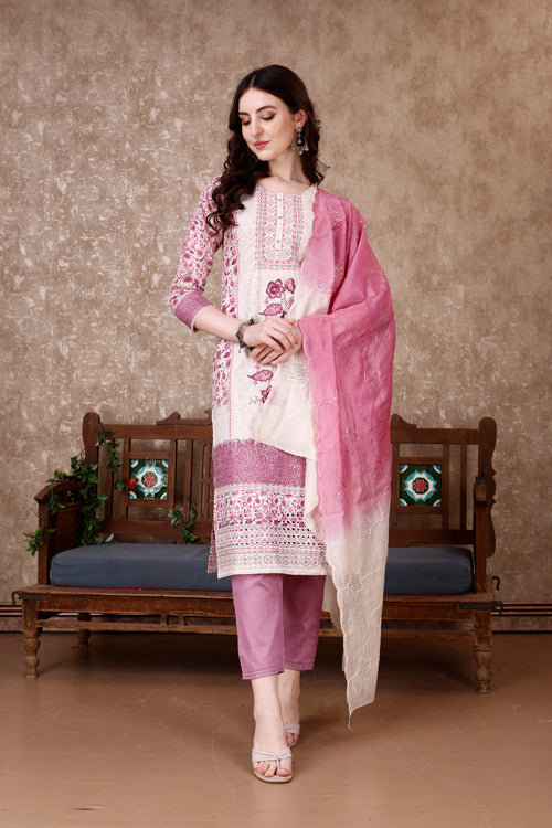 Hand Embroidered & Floral Printed Kurta With Pant & Dupatta Luxury, Multicolor - Hiral Fashion | Grocsy