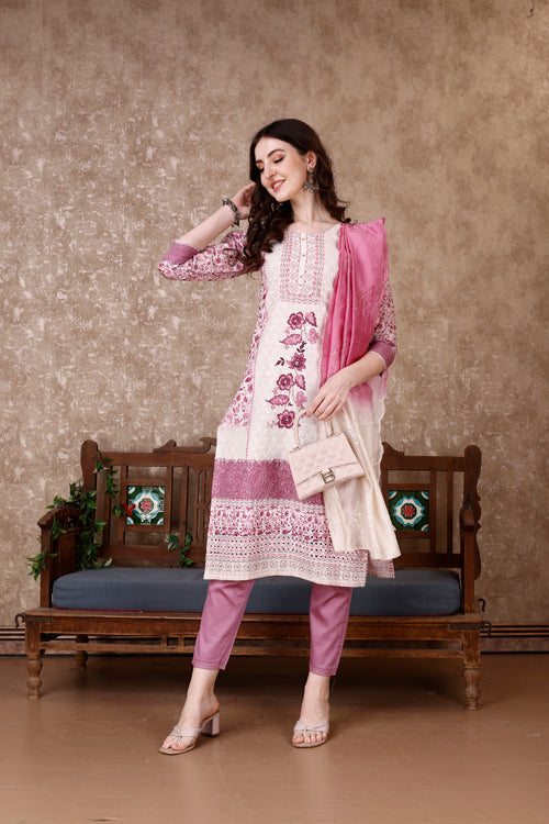 Hand Embroidered & Floral Printed Kurta With Pant & Dupatta Luxury, Multicolor - Hiral Fashion | Grocsy