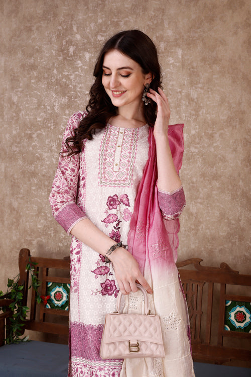 Hand Embroidered & Floral Printed Kurta With Pant & Dupatta Luxury, Multicolor - Hiral Fashion | Grocsy