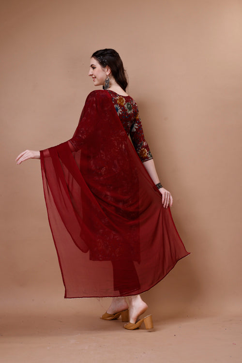 Alia Cut Floral Printed Embroidered Kurta With Pant & Dupatta, Multicolor - Hiral Fashion | Grocsy
