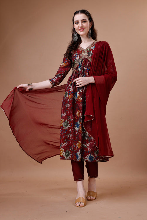Alia Cut Floral Printed Embroidered Kurta With Pant & Dupatta, Multicolor - Hiral Fashion | Grocsy