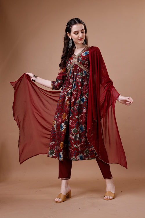 Alia Cut Floral Printed Embroidered Kurta With Pant & Dupatta, Multicolor - Hiral Fashion | Grocsy