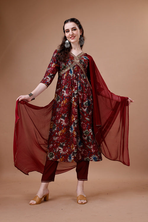 Alia Cut Floral Printed Embroidered Kurta With Pant & Dupatta, Multicolor - Hiral Fashion | Grocsy