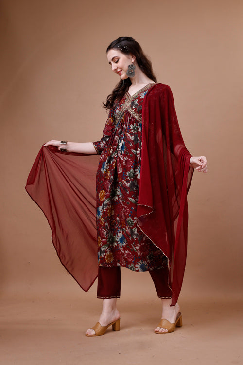 Alia Cut Floral Printed Embroidered Kurta With Pant & Dupatta, Multicolor - Hiral Fashion | Grocsy