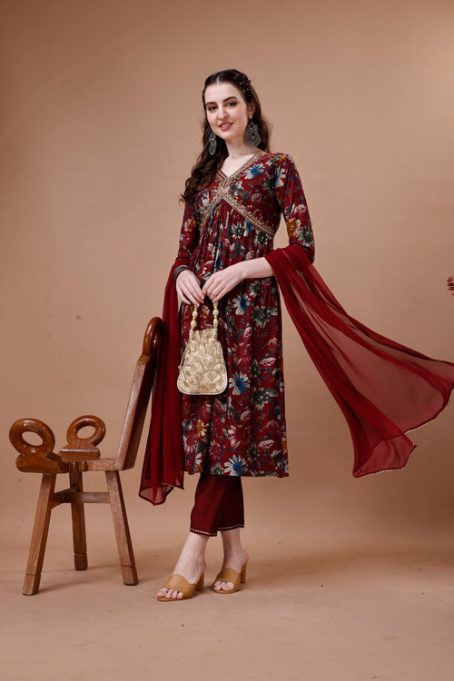 Alia Cut Floral Printed Embroidered Kurta With Pant & Dupatta, Multicolor - Hiral Fashion | Grocsy