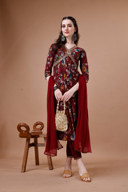Alia Cut Floral Printed Embroidered Kurta With Pant & Dupatta, Multicolor - Hiral Fashion | Grocsy