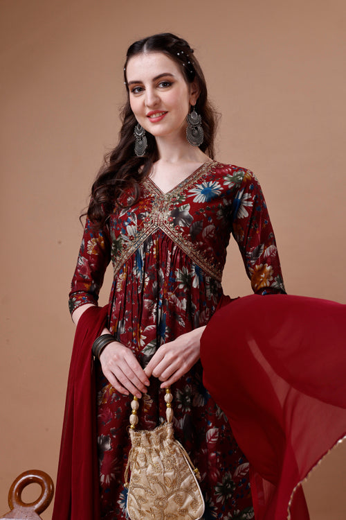 Alia Cut Floral Printed Embroidered Kurta With Pant & Dupatta, Multicolor - Hiral Fashion | Grocsy