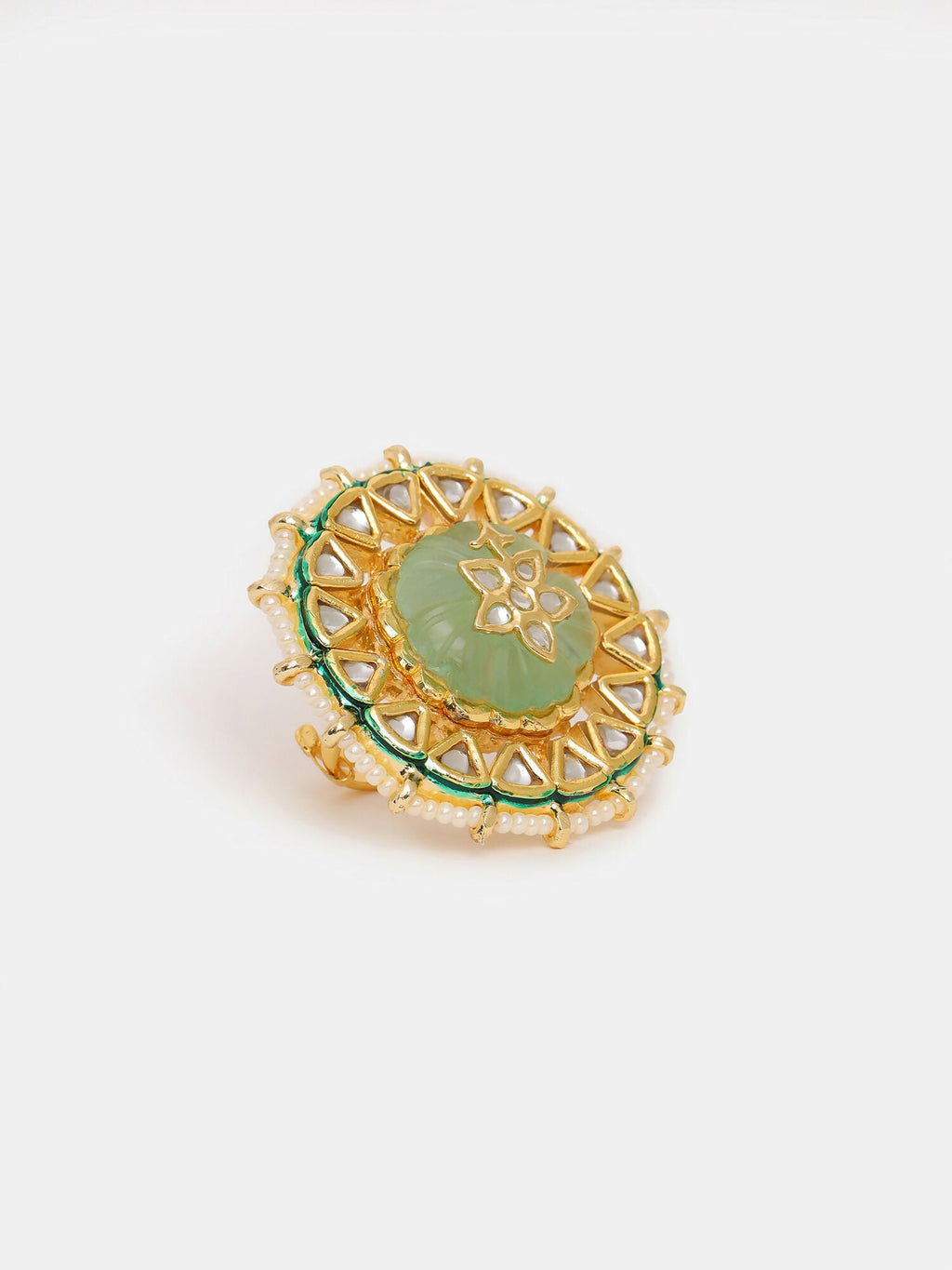Ruby Raang Gold Polished Green Kundan Cocktail Ring | Grocsy