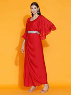 Women Republic Red Georgette Gown With Embellished Belt | Grocsy