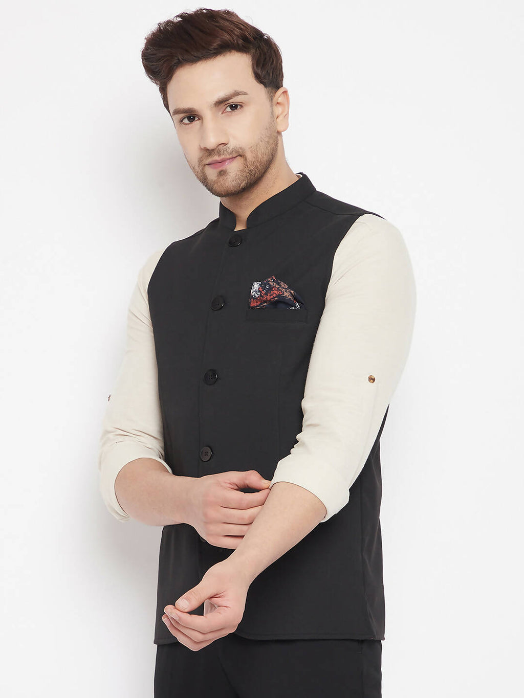 Even Apparels Black Merino Men's Nehru Jacket-Contrast Lining-Inbuilt Pocket Square | Grocsy