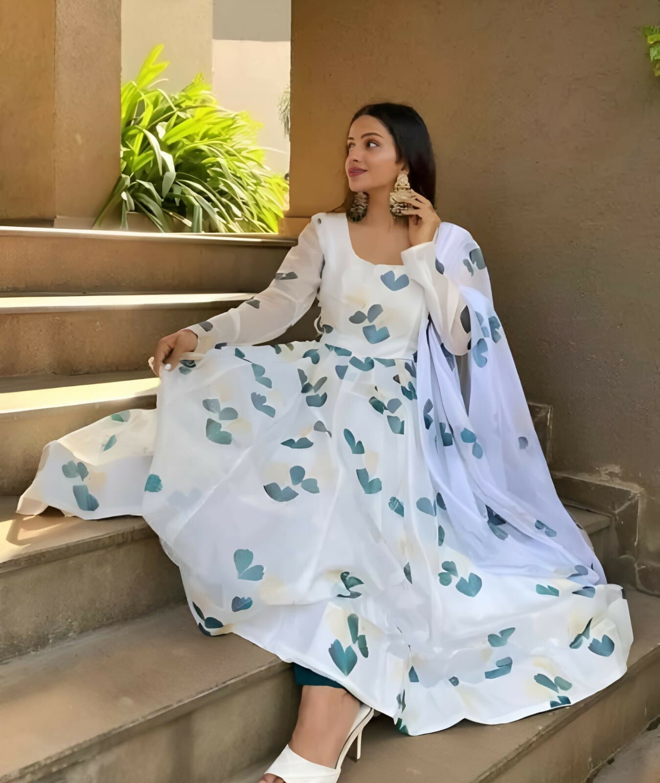 Dishitha Creation Women Floral Printed Designer Gown - Off White | Grocsy