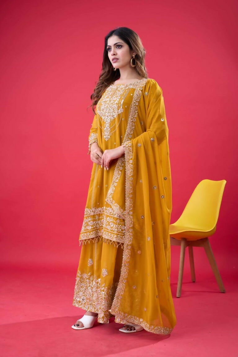 Teeya Creation Yellow Color Faux georgette Embroidery Work Sharara Set | Grocsy