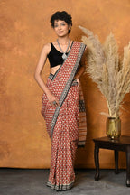 Very Much Indian Handblock Printed Cotton Saree With Natural Dyes - Orange | Grocsy